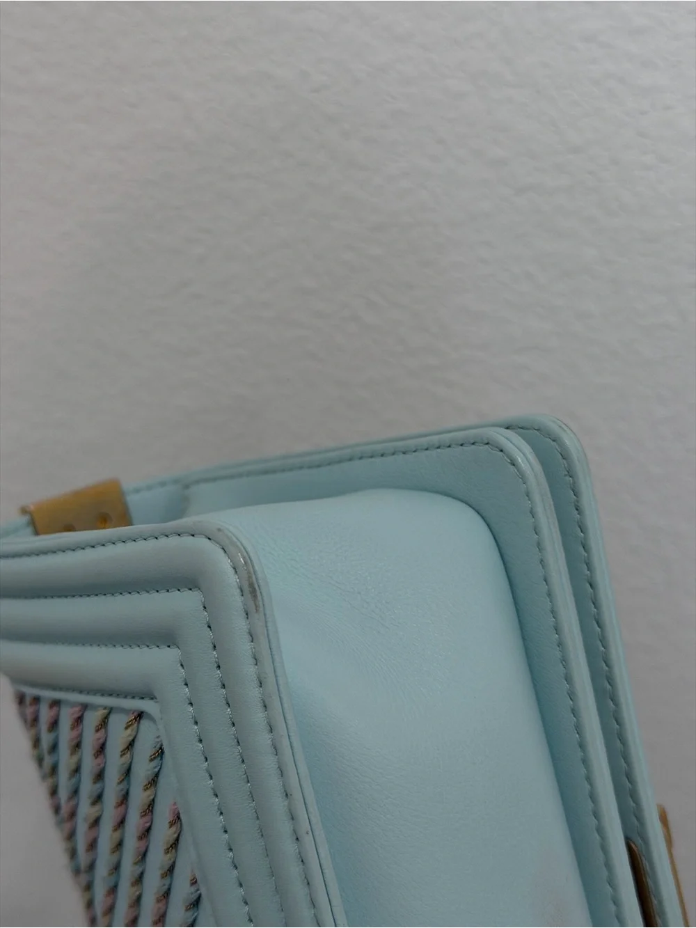 CHANEL Light Blue Chevron Quilted Boy Flap Shoulder Bag with Gold Hardware